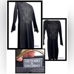 Vintage Dress 90s BodyCon Midi Embroidery Applique Victorio & Lucchino Designer